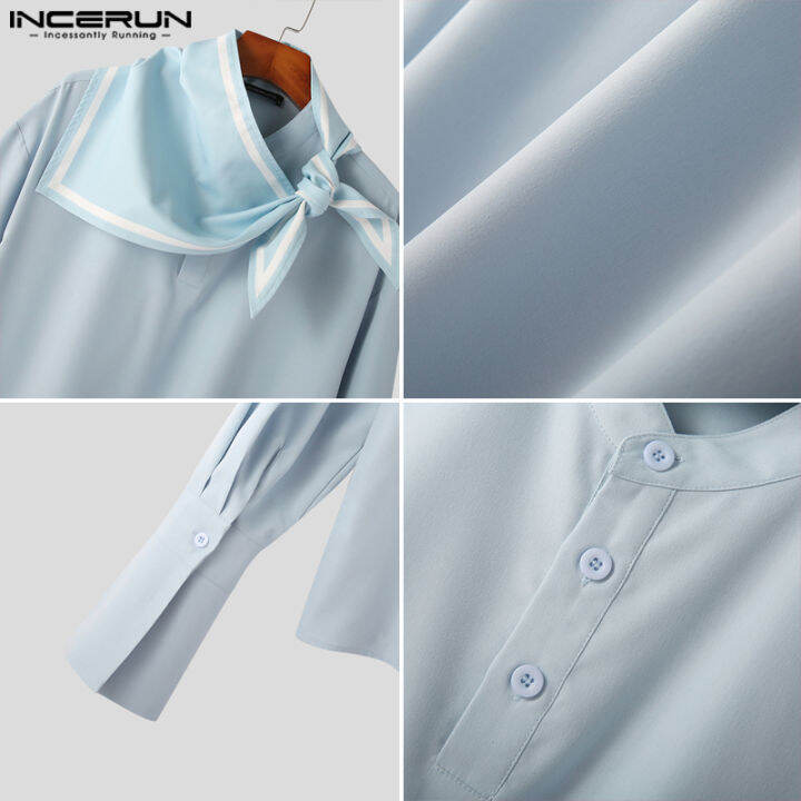 incerun-แขนยาวสำหรับผู้ชายเสื้อเรียบหรูคอกลมผ้าพันคอเสื้อสไตล์ทะเล-สไตล์ตะวันตก