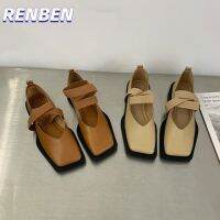 RENBEN Retro Strappy Square Toe Mary Jane Ballerina รองเท้าแบนสําหรับผู้หญิงปากตื้นฝรั่งเศสตื้น V725