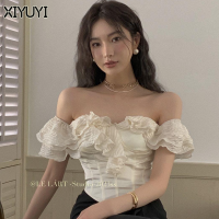 XIYUYI เสื้อเชิ้ตเสื้อผู้หญิงผู้หญิงดีไซน์ดั้งเดิมเพรียวบางสไตล์ตัณหาบริสุทธิ์เสื้อแต่งระบายเซ็กซี่เข้ารูปเข้ารูปสั้น