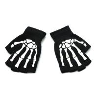 Unisex Adult Halloween Skeleton Skull Half Finger Gloves Glow in the Dark Fingerless Stretch Knitted Winter Mittens