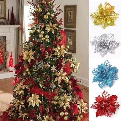 11cm Multicolor Glitter Openwork Christmas Artificial Flower/ 5Pcs Big Fake Flower Xmas Tree Wreath Ornaments Supplies