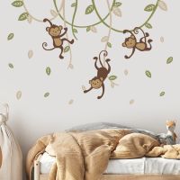 Boho Monkey Hanging on Branch Leaves Jungle Wall Sticker Nursery Vinyl Wall Decal Boys Baby Bedroom Playroom Interior Home Decor Wall Stickers  Decals