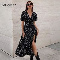 Amandina Luxe เดรสมิดิทรงเอเข้ารูปพอดีแขนพองพิมพ์ลายโบว์แนววินเทจของเสื้อผ้ากุลสตรี