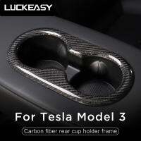 LUCKEASY For Tesla Model 3 Model Y 2017-2023 Car Interior Carbon Fiber Back Seat Cup Trough Seat Water Frame Cover Sticker