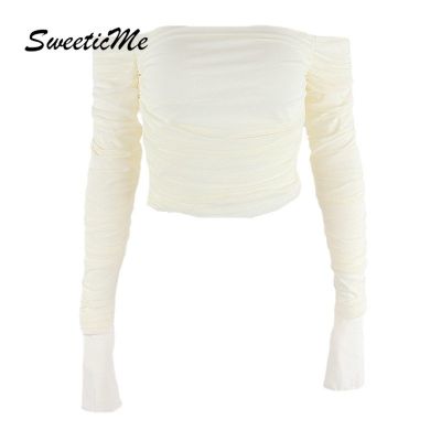 Sweeticme ใหม่ เสื้อยืดลําลอง แขนยาว เปิดไหล่ เข้ารูป สีพื้น เซ็กซี่ แฟชั่นสําหรับสตรี 2022