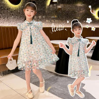 LD Girls Flamingo ดอกไม้พิมพ์ชุด Cheongsam Retro Stand Collar Flutter Sleeves Mesh Dress