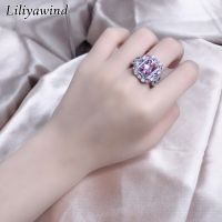 LILIYAWIND Zircon แบบเต็มหรูหราสีชมพูสีเหลืองพลอยสี่เหลี่ยมแหวนทองแดงสำหรับผู้หญิง