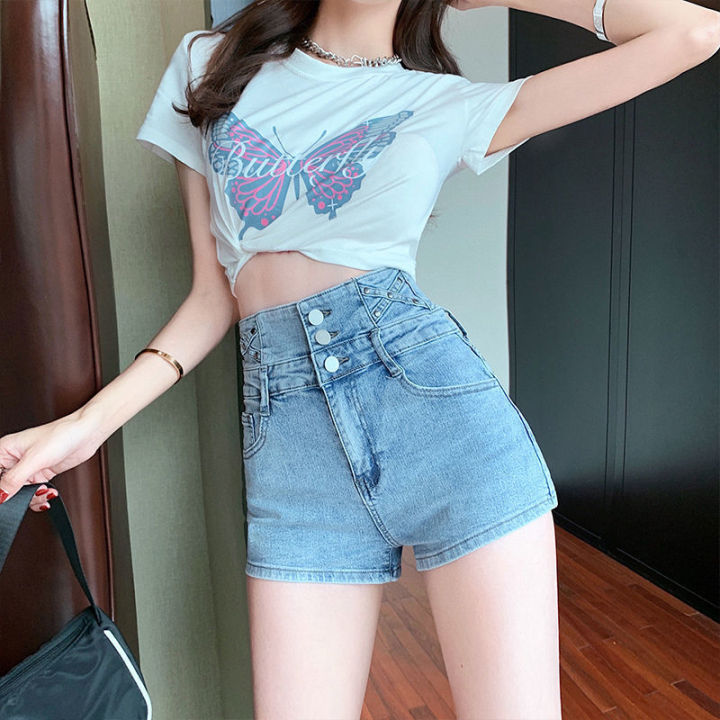 กางเกงยีนส์ขาสั้นเกาหลีสำหรับผู้หญิง-กางเกงเอวสูงขาตรงทรงเอไลน์กางเกงขายดี-wdk