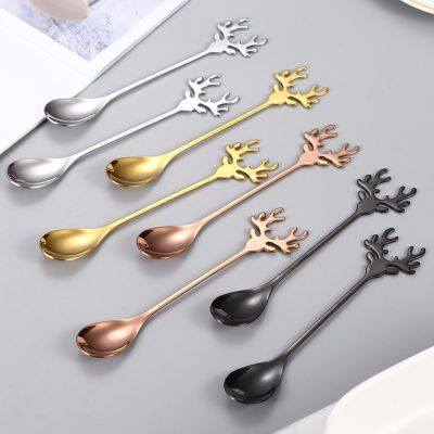 Deer Head Shape 304 Stainless Steel Stirring Spoon Christmas Elk Coffee Dessert Spoon Exquisite Teaspoon Tableware Party Gift Serving Utensils