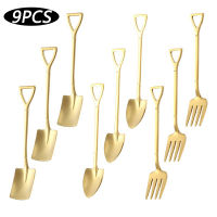 【2023】9 PCS Shovel Spoon Fork Shovel Coffee Spoon Shovel Handle Dessert Spoon Ice Cream Spoon Shovel Shape Fork Fruit Fork Gold 【hot】 1