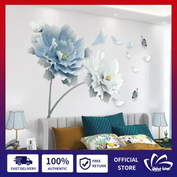 Large White Blue Flower Lotus Butterfly Removable Wall Stickers 3d Wall Art  Decals Mural Art For Living Room Bedroom Home Decor