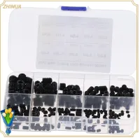 ZHIMUA เหล็กกล้าคาร์บอนเกรด12.9 ชุดสกรูสกรู 10ขนาด M3/4/5/6/8 Hex grub screw Assortment KIT พร้อมกล่องเก็บของ สีดำสีดำ สกรูซ็อกเก็ตหัวอัลเลน ตกแต่งด้วยไม้ตกแต่ง