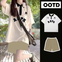 ☃☇ Summer Hong Kong style casual polo collar shirt basketball uniform girl suit lapel top five-point short-sleeved shorts set