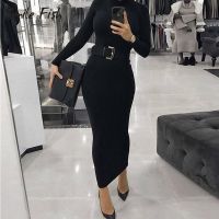 Turtleneck Long Dress Autumn Winter Muslim Elegant Office Lady Slim Long Sleeve Bodycon Casual Dress Women Midi Clubwear GV464