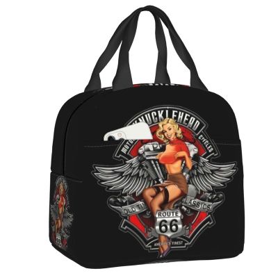 ❦ Route 66 Pin Up Rockabilly Design Insulated Lunch Bags for Women Highway Portable Cooler Thermal Bento Box Kids School Children