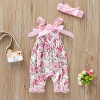 floral sleeveless Suspenders jumpsuit+headband bowknot pink for baby girl set summer 2019 newborn clothes new born outfit  by Hs2023