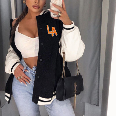 New Letter Print Oversized Varsity Jacket Baseball Women Patchwork Autumn Winter Long Sleeve Khaki Fashion Loose Y2k Coat