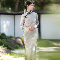 Primavera Verão Cheongsam Camerça 34มังงะ Vestido Trajes Tradicionais ทำวินเทจ Veados ดอกไม้ Longo Qipao Cinza Bege S A Xxl