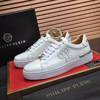 Philipp Pleins รองเท้าผ้าใบสีขาวสำหรับผู้ชาย,รองเท้าวิ่งสำหรับผู้ชายแฟชั่นรองเท้าลำลองกีฬาระบายอากาศได้ดีมีกล่องของขวัญของแท้