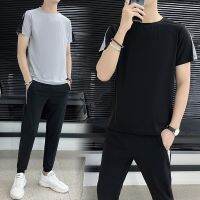 [COD] brand mens casual suit 2021 summer new ice silk sportswear large size two-piece short-sleeved t-shirt male