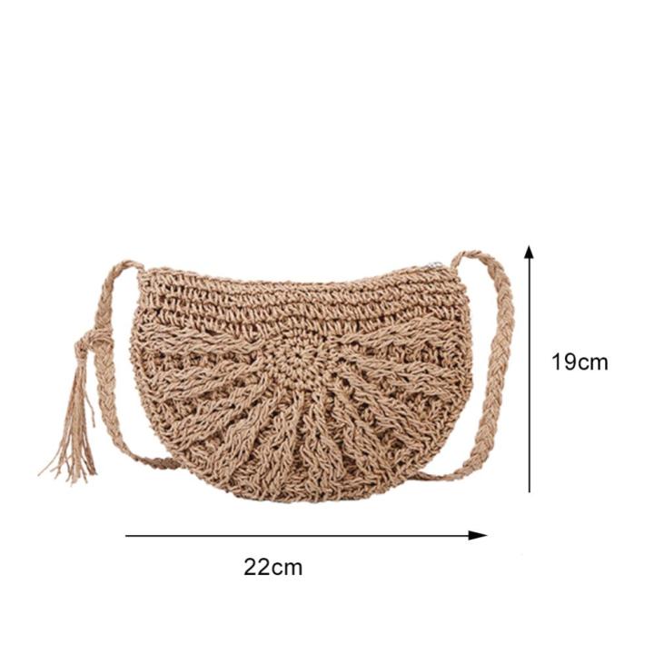 ฟางย้อนยุคสำหรับผู้หญิงเชือกทอกระเป๋าสะพายชายหาดกระเป๋าสตางค์ใบเล็ก-สีน้ำตาลอ่อน