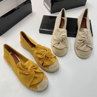 Good-looking [European and American original single foreign trade paste quality] suede bowknot flat bottom casual fisherman shoes hemp rope bottom single shoes 【QYUE】