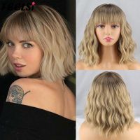 Short Platinum Bob Synthetic Wigs Black Pink Blonde Omber Wavy Wig Dark Roots with Bangs For Women Daily Wear Natural Cosplay Wig  Hair Extensions Pad