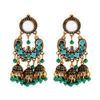 เครื่องประดับอินเดียสีเขียว Charms ต่างหูสำหรับผู้หญิง Vintage Dripping Oil Bells Dangle ต่างหูพู่ยาว Earrings