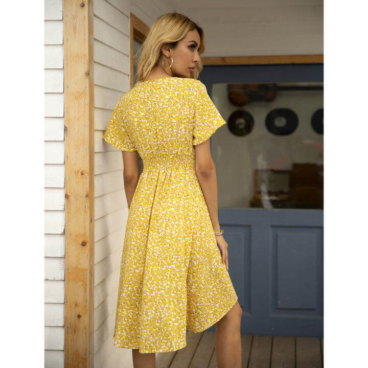 2021-summer-dress-midi-v-neck-printed-dress-woman-single-row-buttons-irregular-dress-ladies-slim-high-waist-casual-holiday-dress