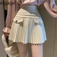 Ezgaga High Waist Pleated Skirts A-Line Button 2022 Spring New Arrival Solid All-Match Female Skirt Elegant Korean Style Fashion