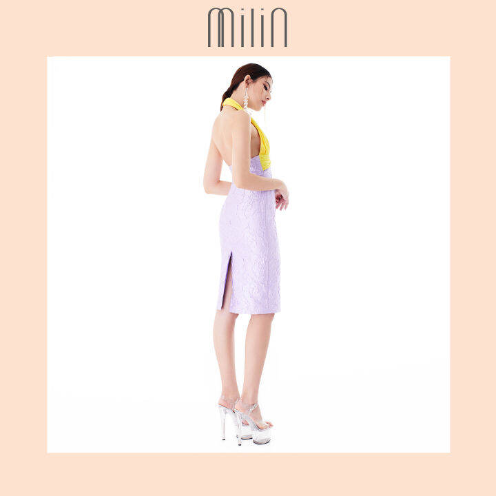 milin-halter-deep-v-neck-front-twist-midi-dress-ชุดเดรส-คอวี-เว้าลึก-คล้องคอ-แต่งบิดด้านหน้า-salema-dress-สีเหลือง-ม่วง-สีม่วง-ชมพู