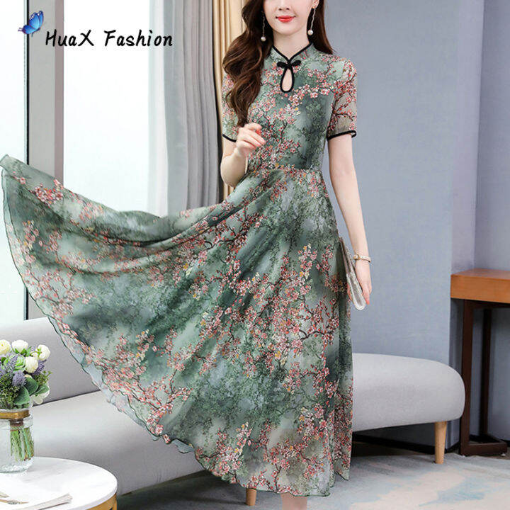 huax-เสื้อผ้ากุลสตรีรูปแบบดอกไม้กลางความยาวสั้น-ชุดกีเพ่าแขนสั้นชุดสี-สีเขียวขนาด-m