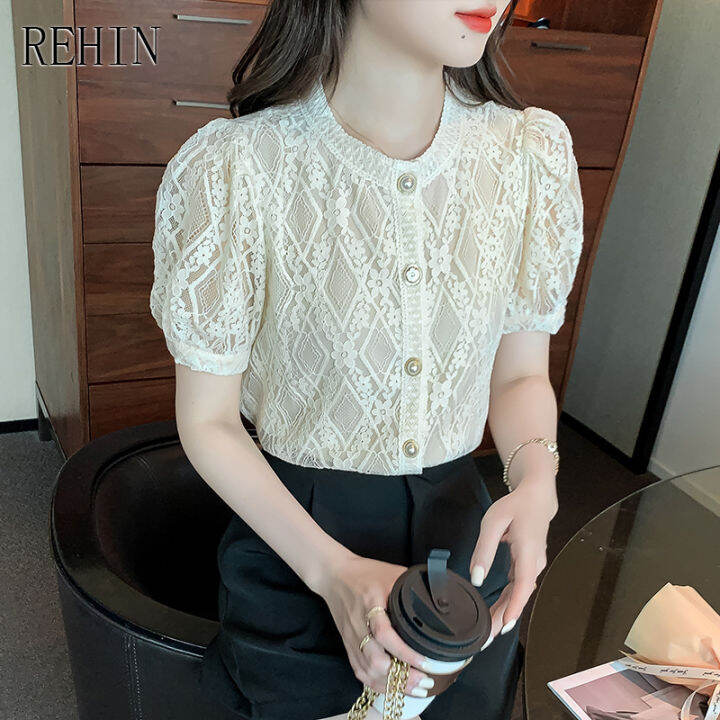 rehin-women-s-top-summer-new-textural-feel-short-sleeved-shirt-lace-hollow-blouse