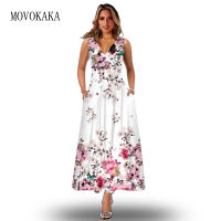 MOVOKAKA Boho Long Dress Women Summer Casual Vintage Sleeveless Loose Flowers Print Vestido Party Elegant Holiday Beach Dresses