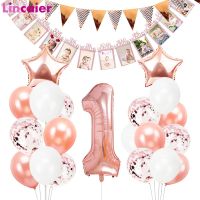 Rose Gold Balloons First Birthday Baby Boy Girl Party Decorations My 1 One Year 1st Happy Birthday Banner Supplies Banners Streamers Confetti