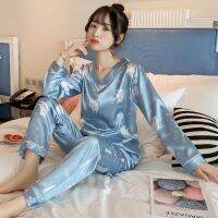 Ready Stock Women Silk Pajama Terno Satin Set Long Sleeve Sleepwear Female Pajamas Fruit Cartoon Print V-Neck Nightwear Sleep Set