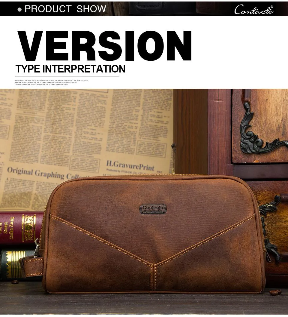 CONTACT'S genuine leather cosmetic bag for men vintage crazy horse leather  man make up bags small travel bags male toiletry bag