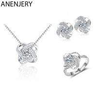 ANENJERY 925 Sterling Silver Eternal Heart Twist Zircon Jewelry Set Silver ecklace Earring Ring Set For Women Wedding Jewelry