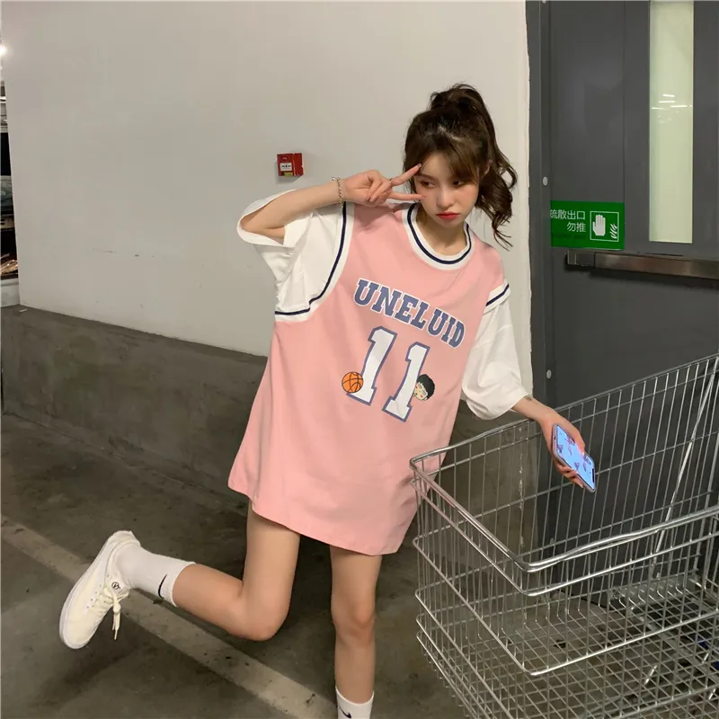 Women T Shirt Basketball Jersey Fashion Splicing Fake Two Pieces