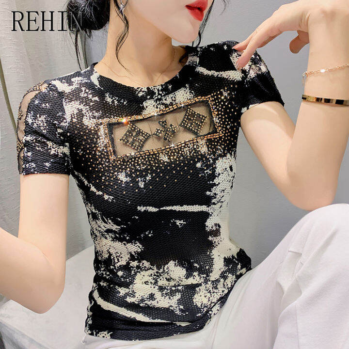 rehin-เสื้อยืดแขนสั้นทรงสี่เหลี่ยมกลวงสำหรับผู้หญิง-เสื้อลูกไม้ปักลายอักษรยอดนิยมเสื้อ-m-3xl-เข้ารูปพอดีฤดูร้อน