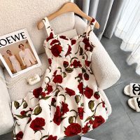 Rose print dress for women in the summer of 2022, a new sexy thin sling design niche sweet skirt