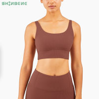 SHINBENE RIBBED Naked Feel Gym Workout Sports Bras Top Women Padded Vest-Type Push Up Fitness Training Yoga Brassiere S-XL