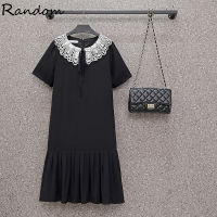 Sunmer Sweet Pleated Dress Plus Size Lace Hloow Out Oversize Loose Sport Fashion Casual Clothes Women Black Big Dresses