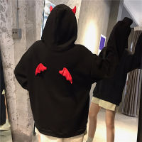 Harajuku Hoodies Girl Little Devil Horns Gothic Hooded Sweatshirts Women Demon Fly Wings Loose Pullovers Pocket Tops Streetwear