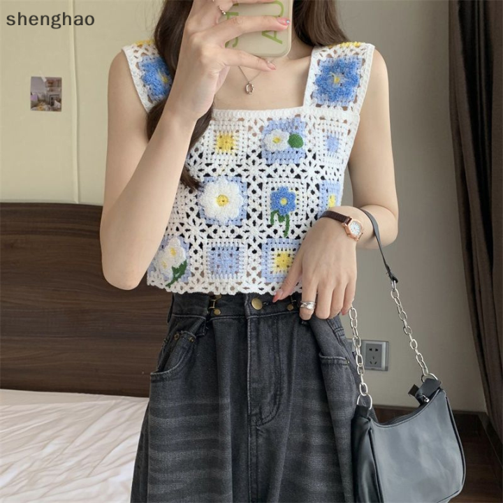 shenghao-เสื้อชั้นในสตรีถักแขนกุดเสื้อแขนกุดปักลายวินเทจฤดูร้อน