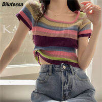 Dilutessa ผู้หญิงเกาหลีสไตล์ Rainbow Stripe Square คอเสื้อยืดแขนสั้นถักสำหรับผู้หญิง