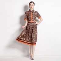 Women Dress Spot Real  Elegant Short Sleeve  Vintage Printed Midi Dress