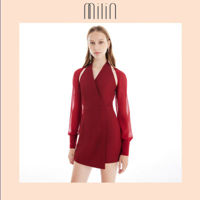 [MILIN] Halter neck wrap dress with detachable long sleeves เดรสสั้นทรงคล้องค่อแต่งแขนยาว / Company Dress