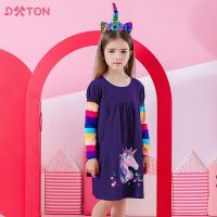 DXTON Kids Dress for Girls Autumn Winter Long Sleeve Cotton Dress Rainbow Unicorn Cartoon Print Casual Wear Children Clothes