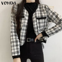 *VONDA เสื้อโค้ทแขนยาวไม่มีกระดุมผู้หญิงวินเทจใหม่ฤดูใบไม้ร่วงฤดูหนาว (ลำลองเกาหลี)